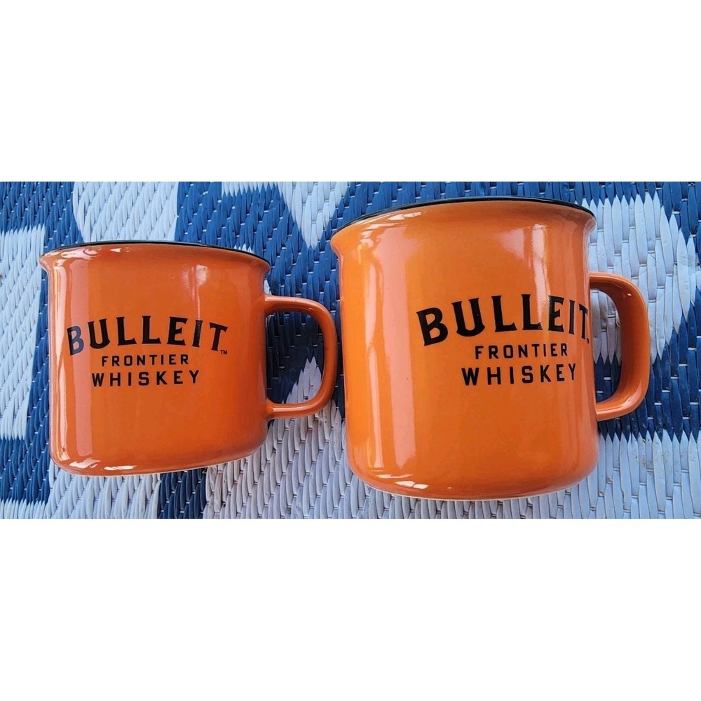 FRONTIER WHISKEY BULLEIT CERAMIC ORANGE‎ LIQUOR MUG CUP Drinkware Glasses 2pc